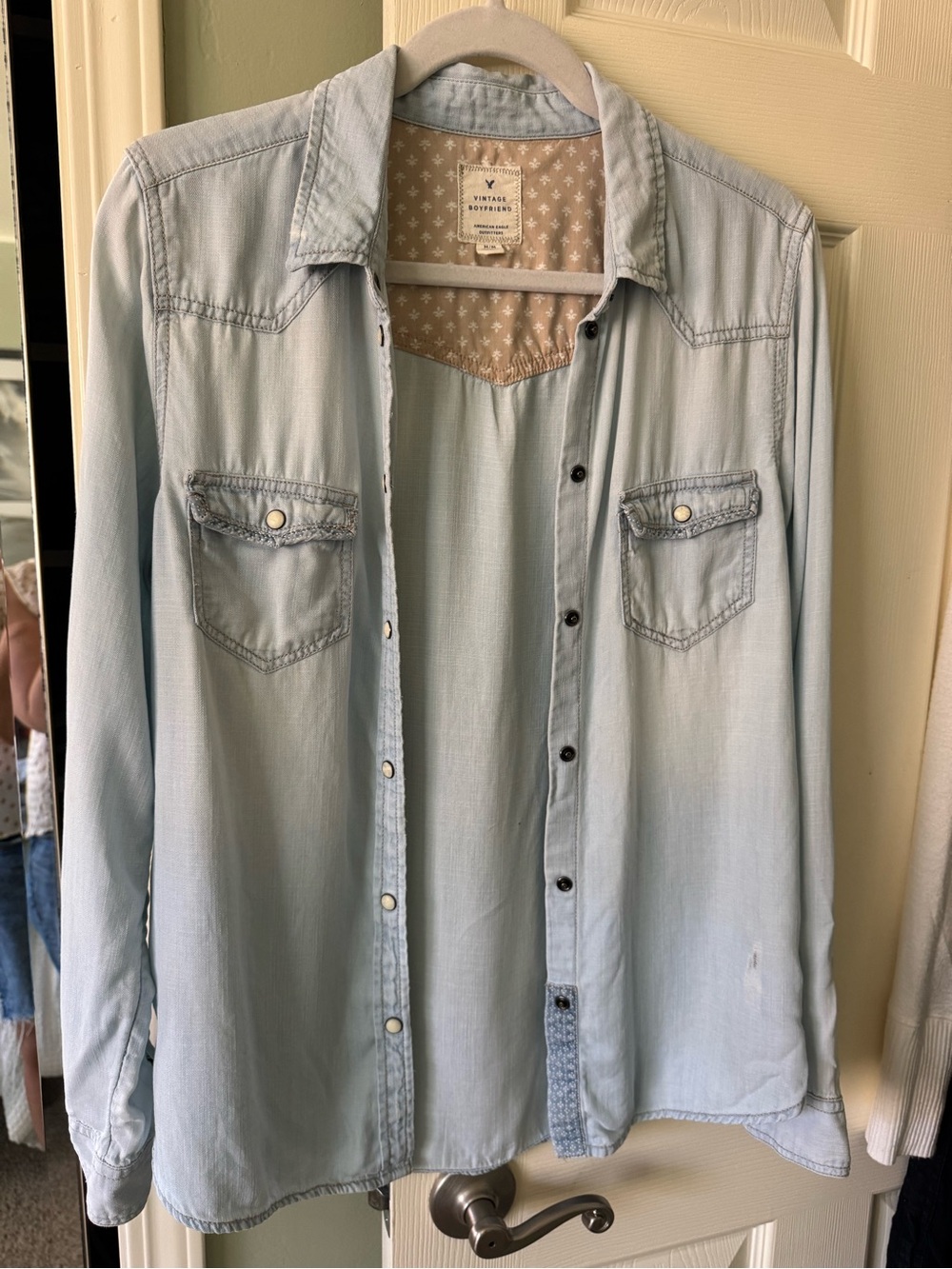 American Eagle Outfitters Light Blue Women's Denim-Style Button-Down Shirt